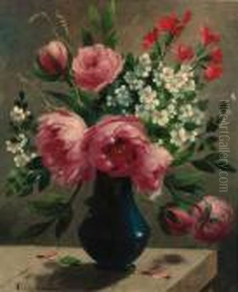 Summer Flowers In A Blue Vase Oil Painting by Emile Vernon