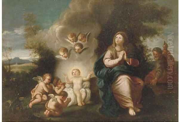 The Holy Family with the Infant Christ being adored by putti Oil Painting by Marcantonio Franceschini