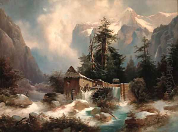 A watermill in an Alpine river landscape Oil Painting by Heinrich Fischer