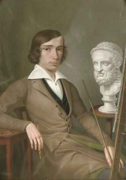 Self-portrait at the easel holding a porte-crayon and a mahl-stick Oil Painting by Heinrich Fischer