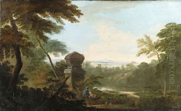 An Italianate wooded river Landscape, with figures in the foreground beside a tomb Oil Painting by James Forrester