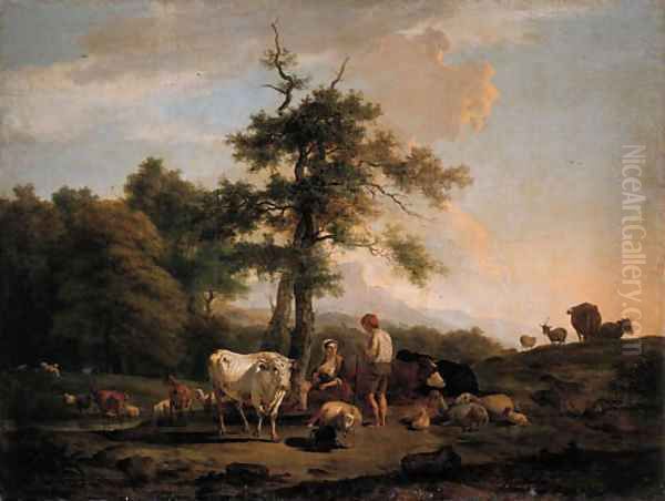 A cowherd and a shepherdess on a riverbank, in a Italianate landscape Oil Painting by Nicolas Henri Joseph De Fassin