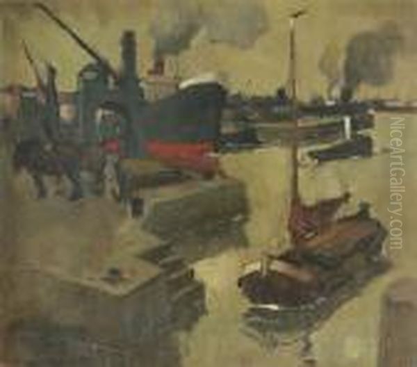 Bedrijvigheid In De Haven Oil Painting by Oscar Verpoorten