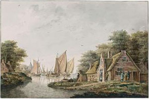 Shipping In An Estuary By A Village, A City Beyond Oil Painting by Theodor (Dirk) Verrijk