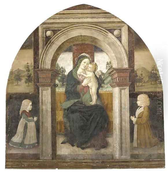 The Madonna and Child Enthroned, with two youthful donors, a landscape beyond Oil Painting by Floriano Ferramola