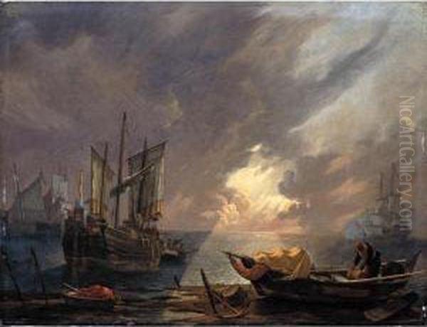 An Evening Coastal Scene With 
Sailors Unloading Their Cargo, A Man-o-war Firing A Salute In The 
Distance Oil Painting by Lieve Verschuier