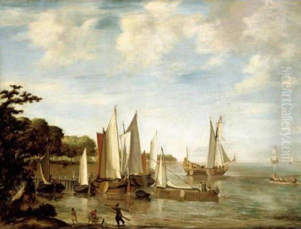 A Calm River Scene With Small Dutch Vessels At A Jetty Oil Painting by Lieve Verschuier