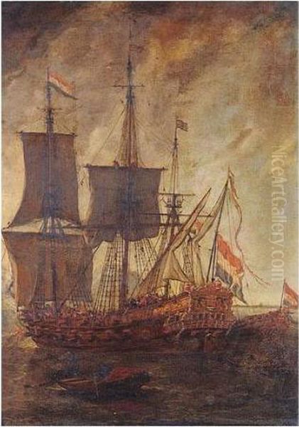 A Dutch Man-o-war Firing A Salute, With The State Barge Alongside The Starboard Stern Oil Painting by Lieve Verschuier