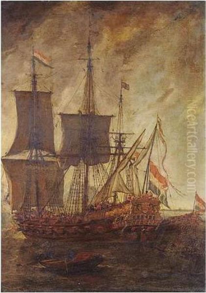 A Dutch Man-of-war Firing A Salute, With A State Barge Alongside The Starboard Stern Oil Painting by Lieve Verschuier