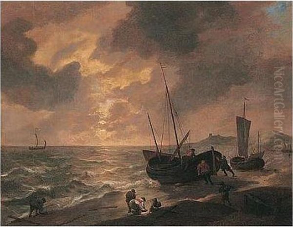 A Beach Scene With Fishermen Preparing Their Boats At Sunset Oil Painting by Lieve Verschuier