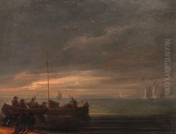 A River Estuary With Bandits On A
 Shore Awaiting The Arrival Offishermen In Rowing Boats, At Dawn Oil Painting by Lieve Verschuier