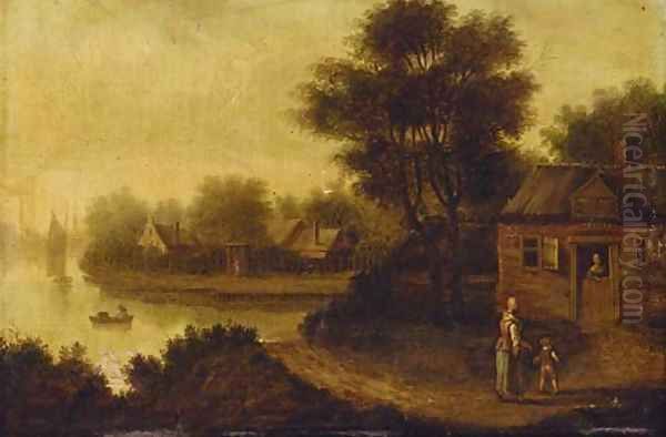 A river landscape with a mother and child on a track before a cottage Oil Painting by Jacob Elias La Fargue