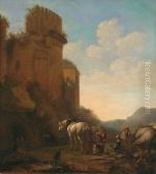 Paesaggio Con Rovine Con Un Maniscalco Che Ferra Il Suo Cavallo Oil Painting by Hendrick Verschuring