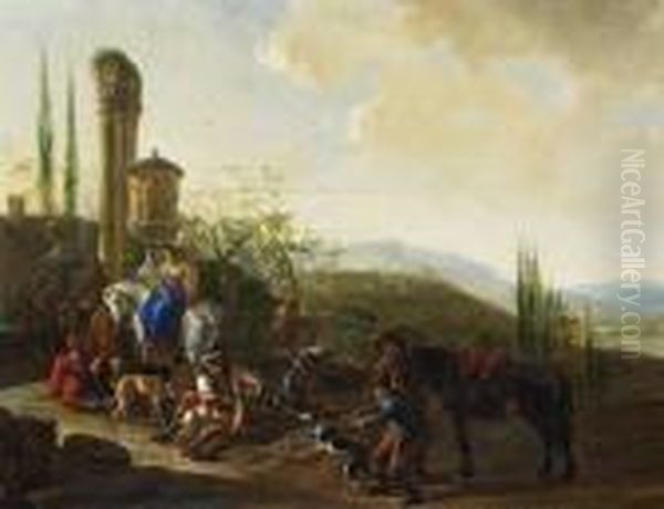 Jagdgesellschaft Nach Der Hasenjagd In Bergiger Italienischer Landschaft Oil Painting by Hendrick Verschuring