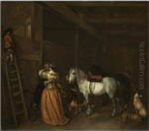 An Amorous Couple In A Stable With A Grey, A Bay Horse And Dogs Oil Painting by Hendrick Verschuring