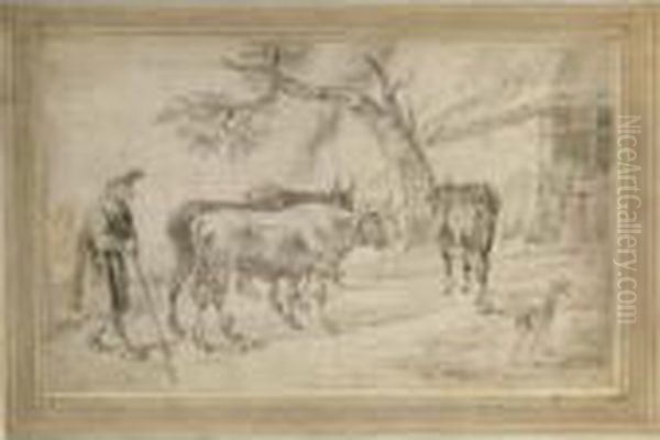 A) An Elderly Famer Herding Four Cows, His Dog To The Right Oil Painting by Hendrick Verschuring