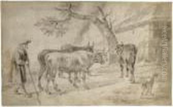 An Elderly Famer Herding Four Cows, His Dog To The Right Oil Painting by Hendrick Verschuring