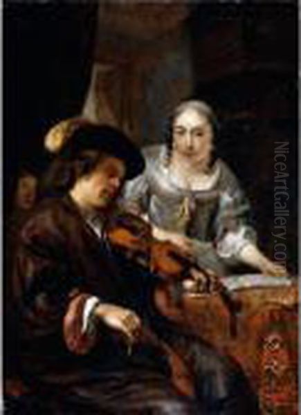 An Interior With A Man Playing The Violin And A Woman Singing Oil Painting by Hendrick Verschuring