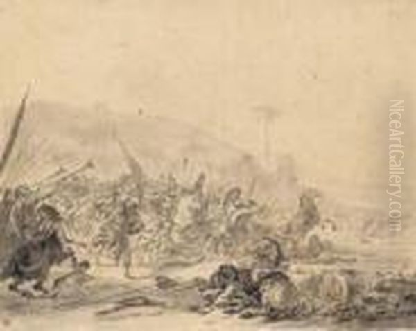 A Battle Scene With Trumpets Blowing The Retreat Oil Painting by Hendrick Verschuring