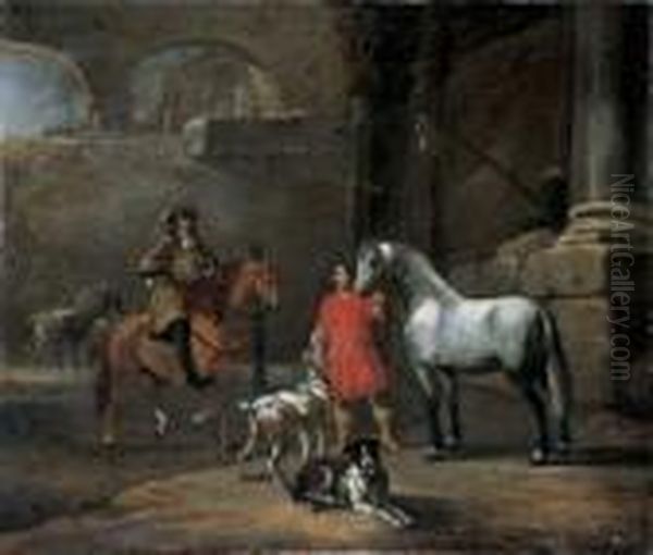 Stallinterieur Mit Einem Reiter Und Einem Stallburschen, Der Einen Apfelschimmel Halt. Oil Painting by Hendrick Verschuring