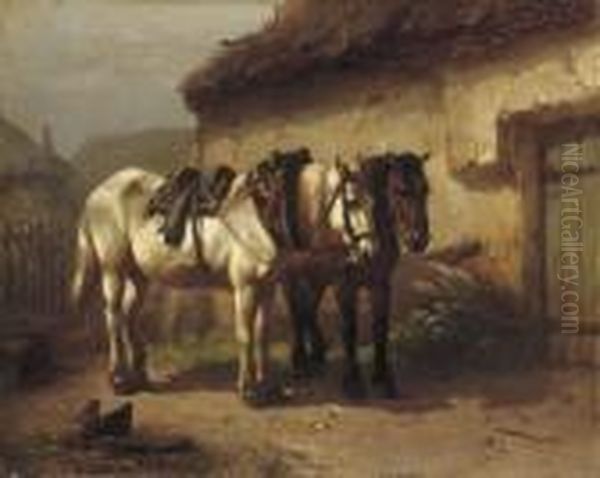 Working Horses Near The Stable Oil Painting by Wouterus Verschuur