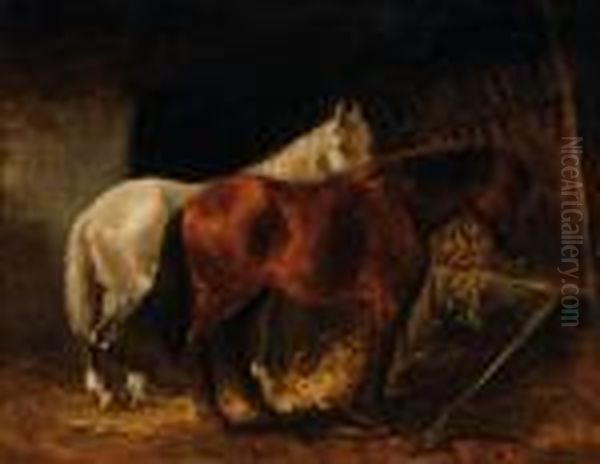 Two Horses In Astable Oil Painting by Wouterus Verschuur