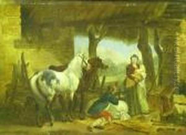 Stable Interior With Horses And Figures Oil Painting by Wouterus Verschuur