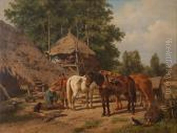 A Timber Yard With Men And Horses At Work Oil Painting by Wouterus Verschuur