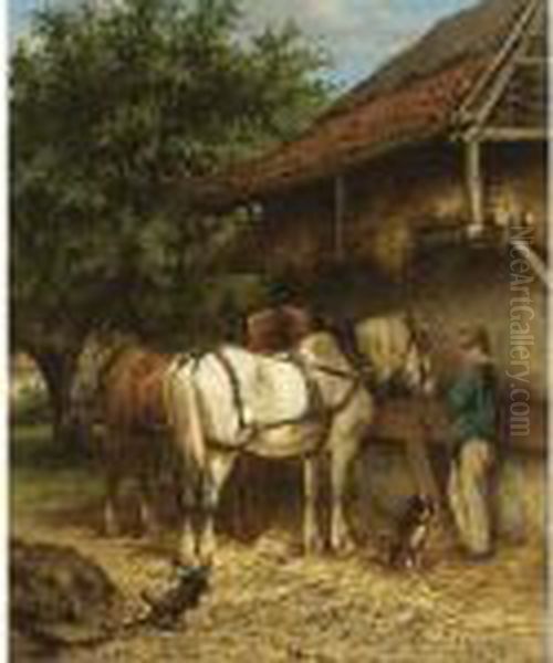 Two Horses By A Stable Oil Painting by Wouterus Verschuur