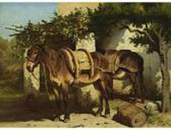 Donkeys Outside A Stable Oil Painting by Wouterus Verschuur