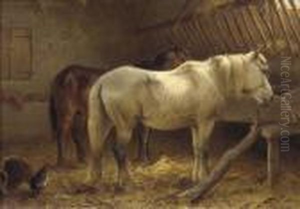 Horses In A Stable Oil Painting by Wouterus Verschuur