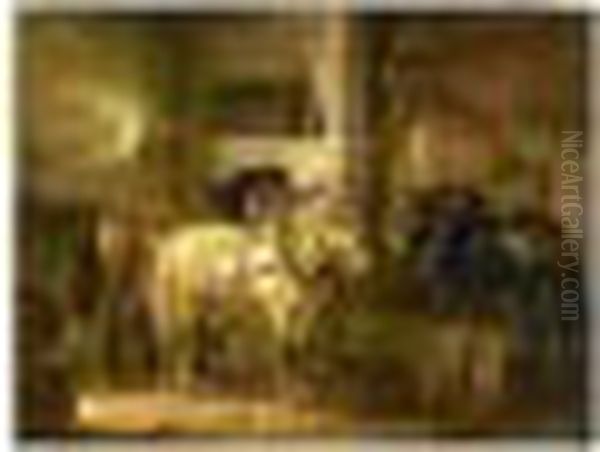 Three Horses In A Stable Oil Painting by Wouterus Verschuur