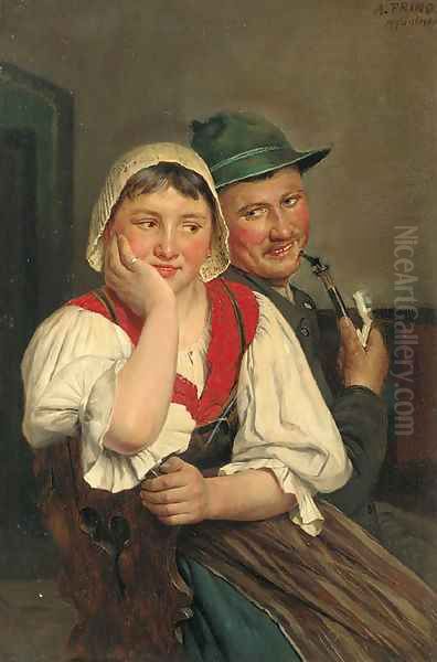 A Bavarian courtship Oil Painting by August Frind