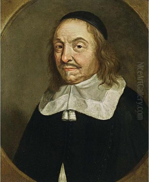 A Portrait Of A Man, Bust Length, Wearing A Black Coat With A Withe Collar And A Cap Oil Painting by Johannes Cornelisz. Verspronck