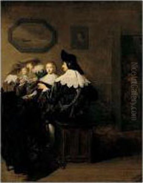 An Interior With Elegant Figures Playing Music Oil Painting by Johannes Cornelisz. Verspronck