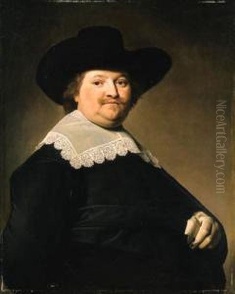 Portrait Of A Gentleman, 
Half-length, Wearing A Black Costume Witha White Lace Collar And A Black
 Hat Oil Painting by Johannes Cornelisz. Verspronck