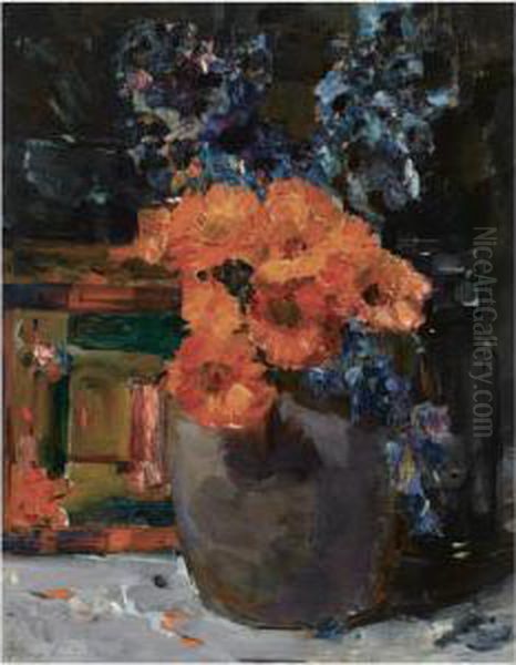 A Still Life With Marigold And Delphinium In A Bowl Oil Painting by Floris Verster