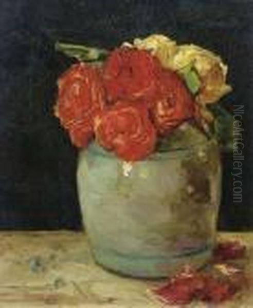 Gemberpot Met Rozen: Roses In A Clay Pot Oil Painting by Floris Verster