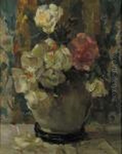 Witte En Rose Rozen In Een Lanooypot Oil Painting by Floris Verster