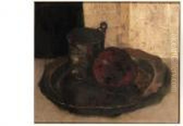 An Apple And A Pot With Glue On A Pewter Plate Oil Painting by Floris Verster