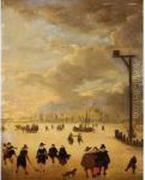 A Winter Landscape With Elegant Figures Skating And Playing Kolf On A Frozen River Oil Painting by Verstraelen Anthonie