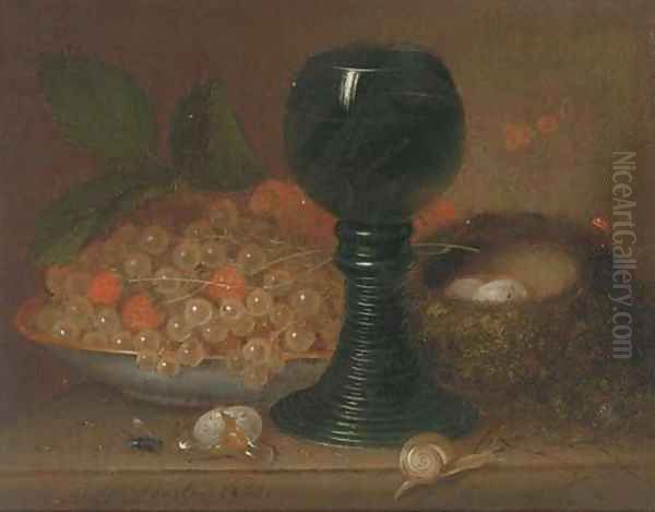 Still life with currants, a glass, bird's nest and eggs to the side Oil Painting by George Foster