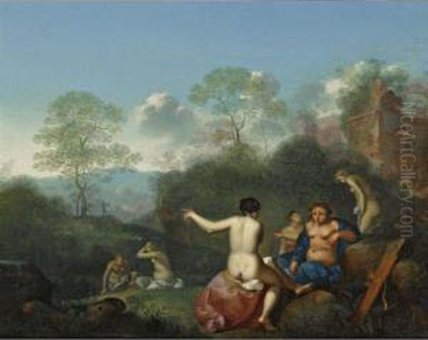 A Mountainous Landscape With Diana And Her Nymphs Resting Near Ruins Oil Painting by Daniel Vertangen