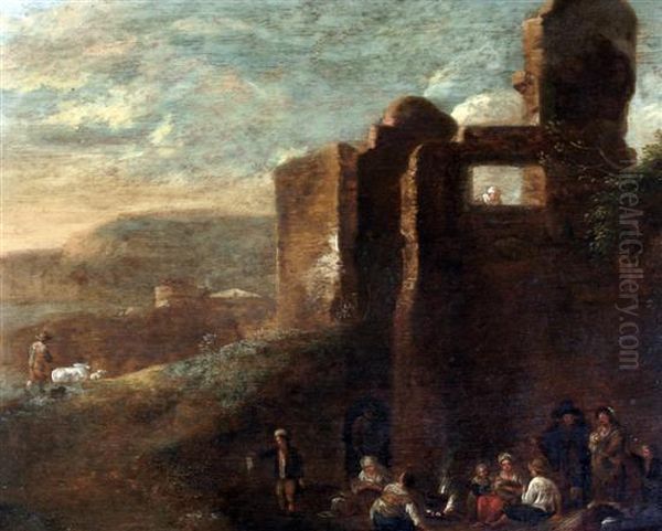 Figures Resting Beside Ruins Oil Painting by Daniel Vertangen