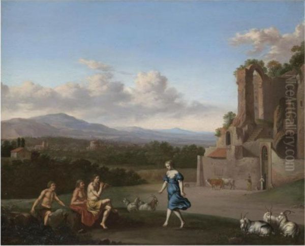 A Pastoral Landscape With A 
Shepherd Playing The Flute And A Girl Dancing, With Other Shepherds 
Watching Oil Painting by Daniel Vertangen