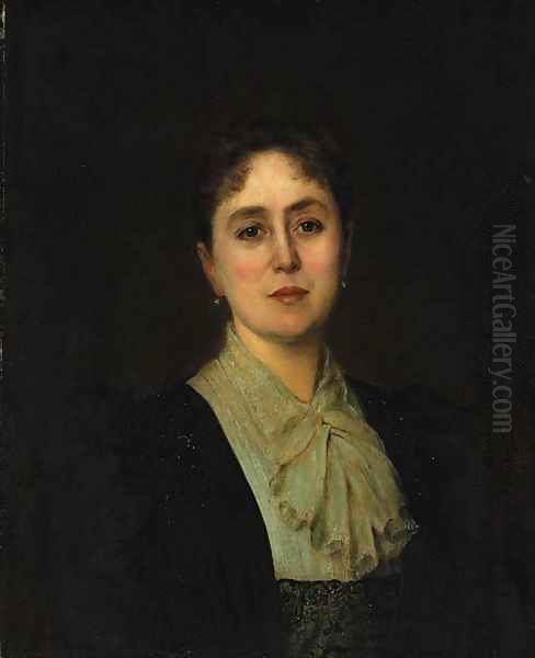 Portrait of a lady in a black dress and a white chemise Oil Painting by Hans Fuchs