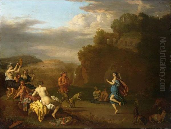 A Bacchanal Scene With Pan Playing The Flute Oil Painting by Daniel Vertangen