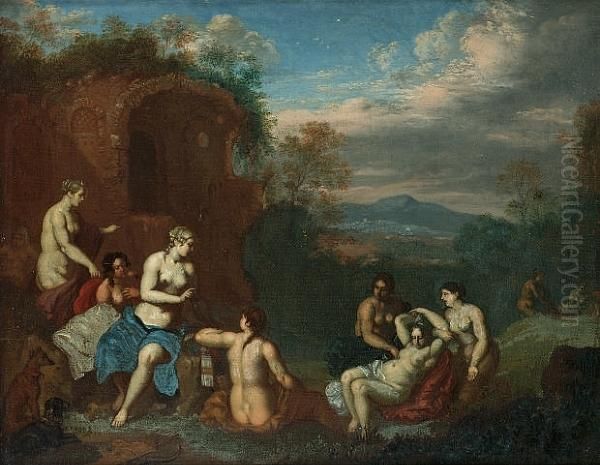 Diana And Her Nymphs Resting By A Ruin; And Bacchanale Before Classical Ruins Oil Painting by Daniel Vertangen