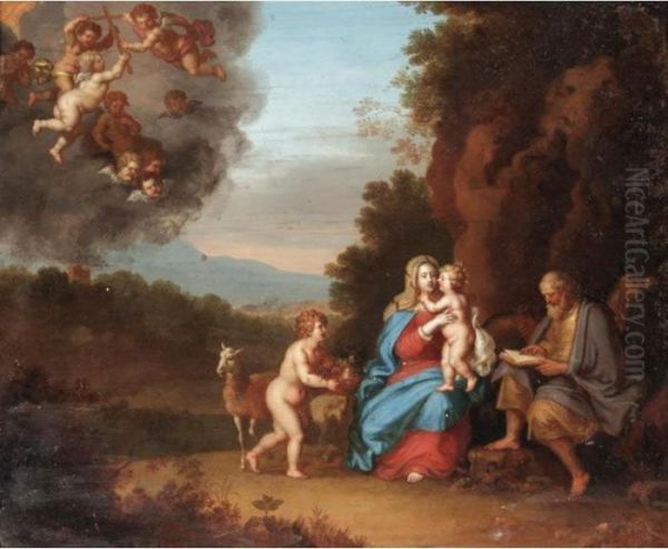 Holy Family In A Landscape With Putti Oil Painting by Daniel Vertangen