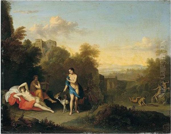 An Italianate Landscape With Diana And Her Nymphs Bathing And Resting Oil Painting by Daniel Vertangen